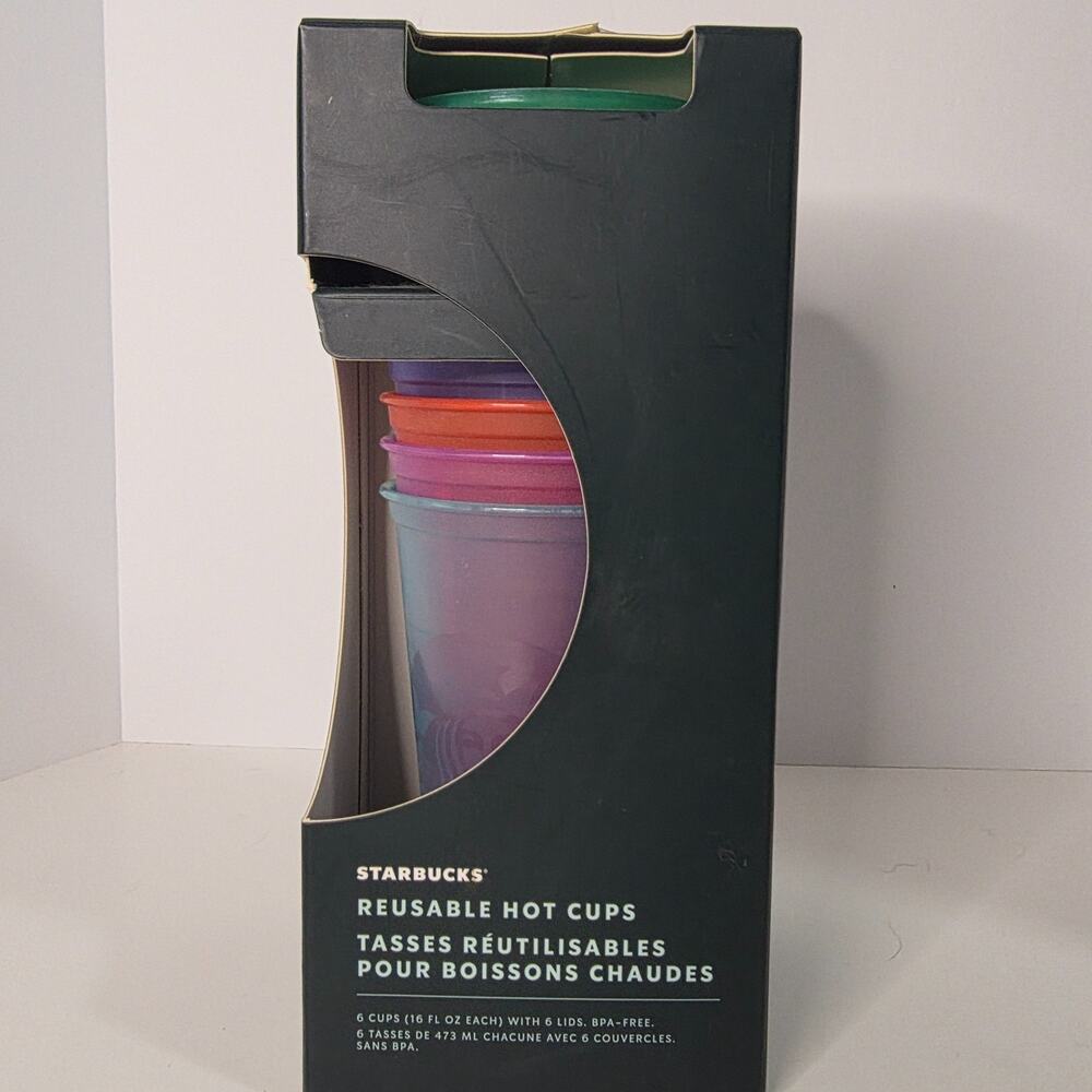 Starbucks 2021 Reusable Hot Cups 6 Pack 16oz Multicolor w/Lids 011122909